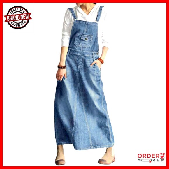 Vintage Distressed Denim Overalls Dress Adjustable Straps A-Line Pinafore